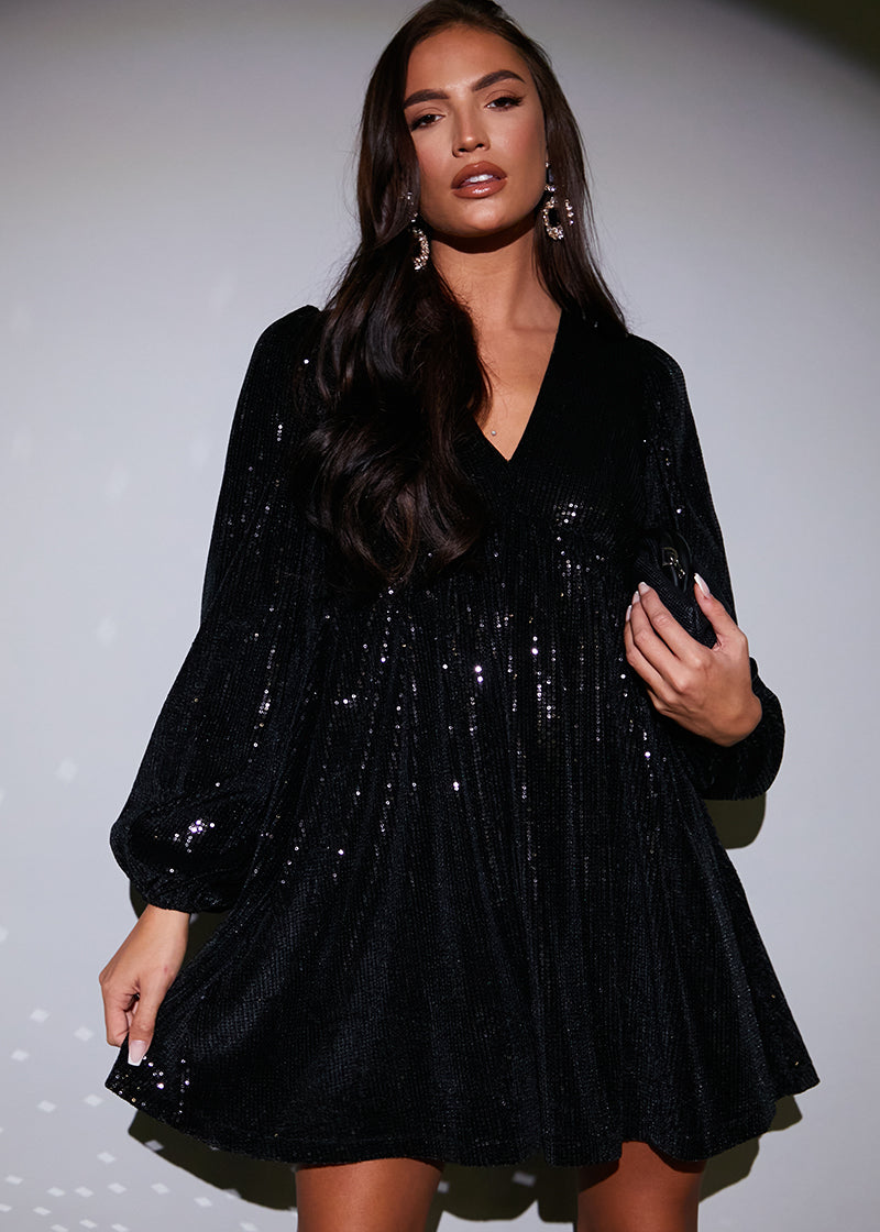 Sequin V Neck Smock Dress