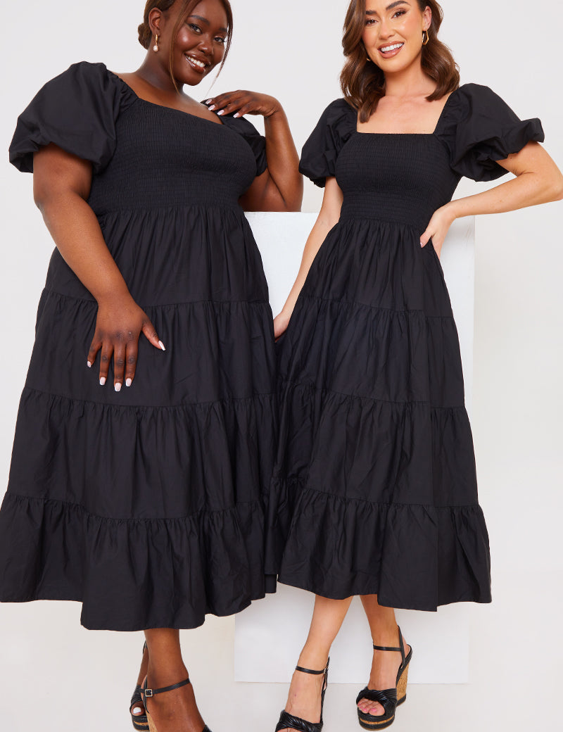 Cotton Poplin Shirred Bust Midi Dress