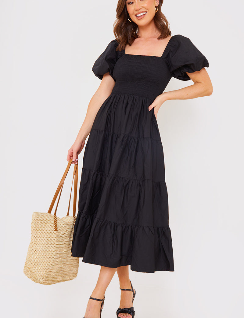 Cotton Poplin Shirred Bust Midi Dress