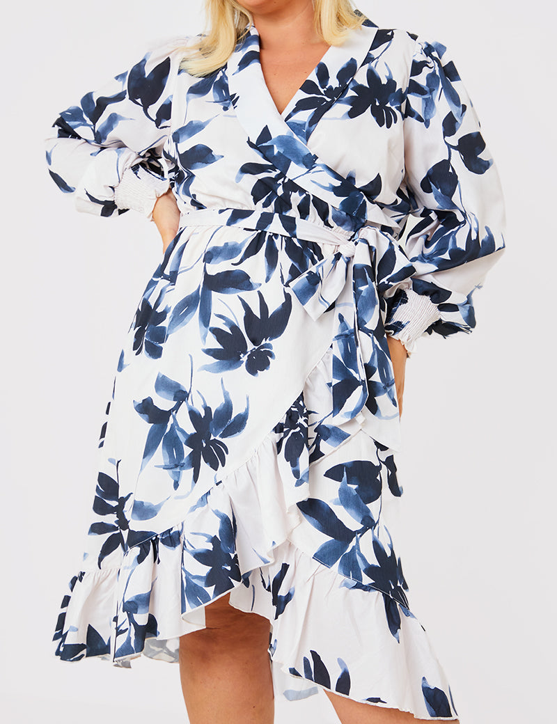 Floral Print Long Sleeve Wrap Frill Detail Midi Dress
