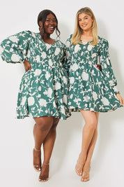 Floral Print Shirred Bodice Balloon Sleeve Mini Dress