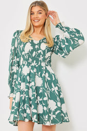 Floral Print Shirred Bodice Balloon Sleeve Mini Dress
