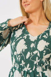 Floral Print Shirred Bodice Balloon Sleeve Mini Dress