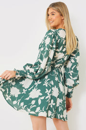 Floral Print Shirred Bodice Balloon Sleeve Mini Dress