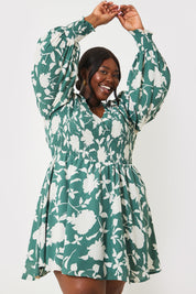 Floral Print Shirred Bodice Balloon Sleeve Mini Dress