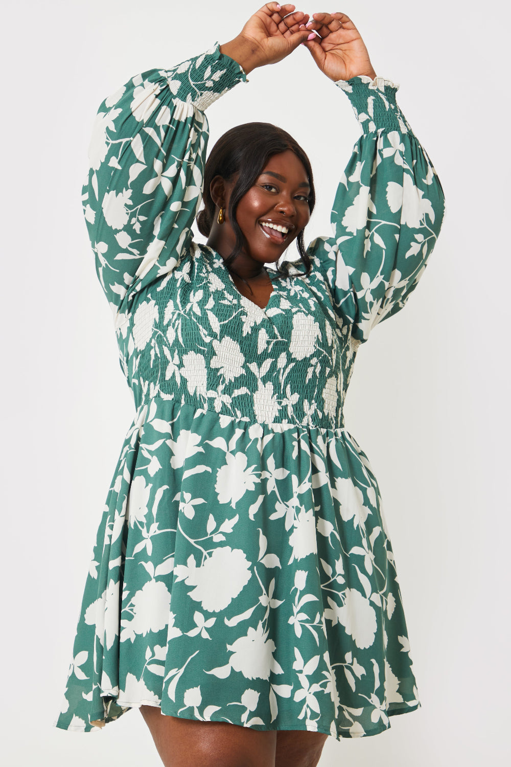Floral Print Shirred Bodice Balloon Sleeve Mini Dress