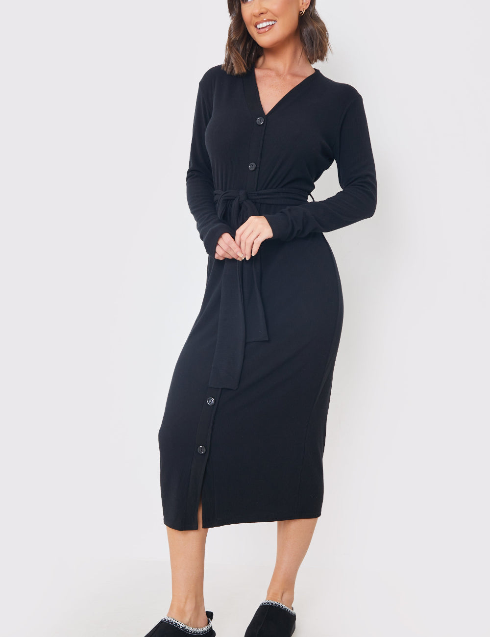 Ribbed Belted Midi Dress