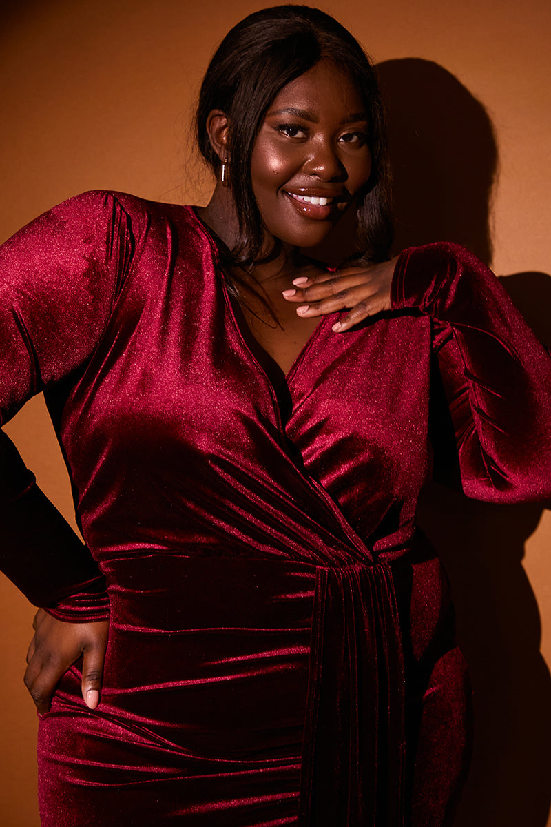 velvet wrap dress red Red Velvet Wrap Dress With Lace Sleeves