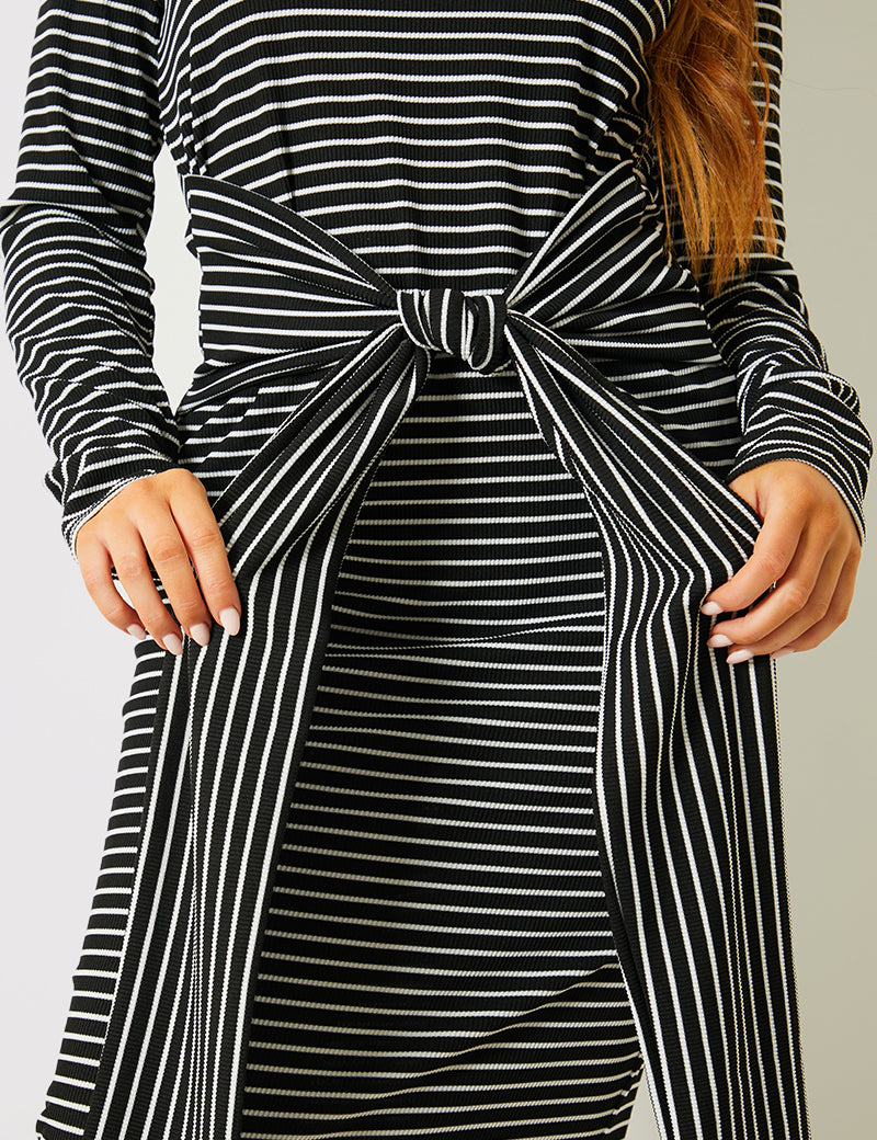Stripe Ribbed Long Sleeve Bodycon Dress With Tie Waist Detail