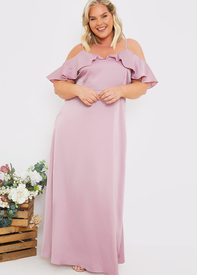Satin Frill Off The Shoulder Maxi Dress