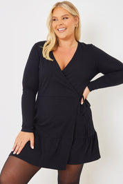 Wrap Neckline Long Sleeve Mini Dress