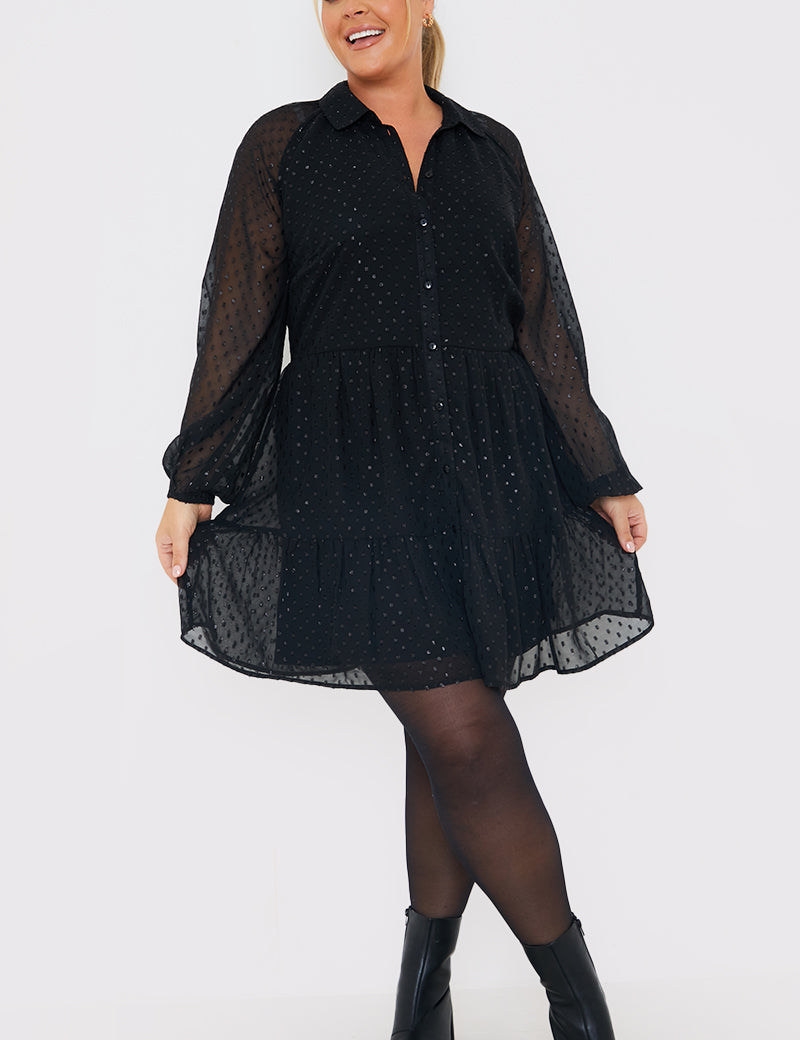 Metallic Dobby Collared Smock Dress