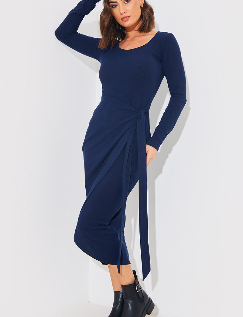 Scoop Neck Wrap Front Brushed Rib Midi Dress