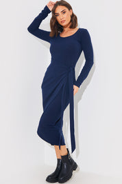 Scoop Neck Wrap Front Brushed Rib Midi Dress
