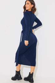 Scoop Neck Wrap Front Brushed Rib Midi Dress