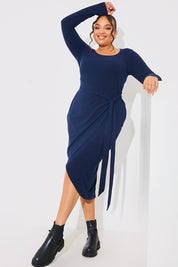 Scoop Neck Wrap Front Brushed Rib Midi Dress