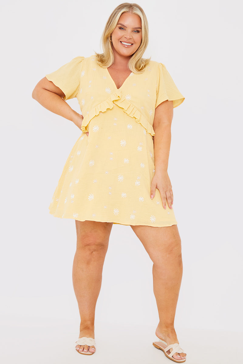 Floral Embroidered Frill Detail Mini Dress