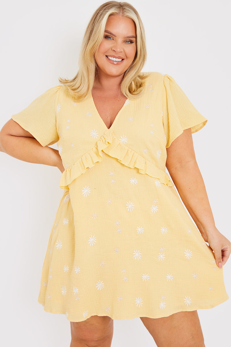 Floral Embroidered Frill Detail Mini Dress
