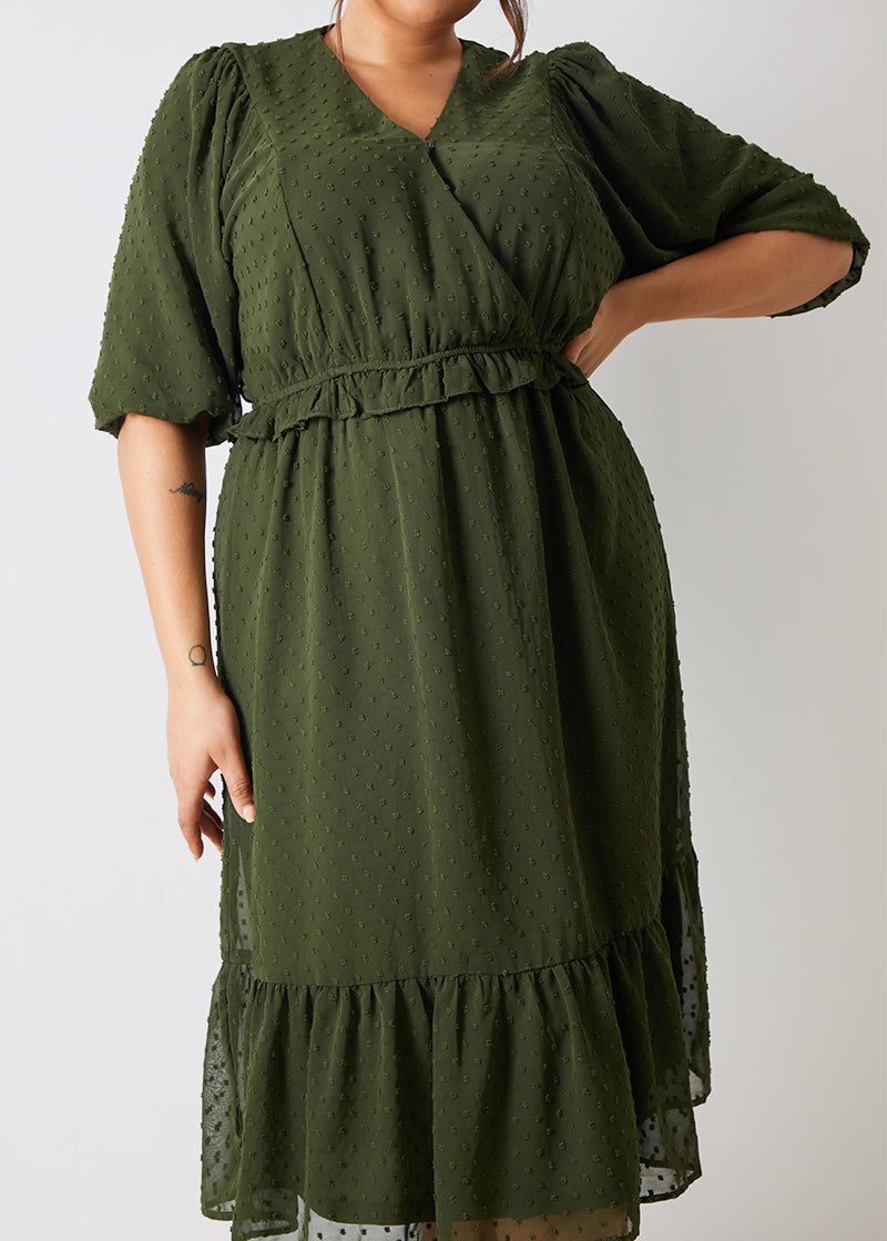 Dobby Chiffon Frill Detail Midi Dress