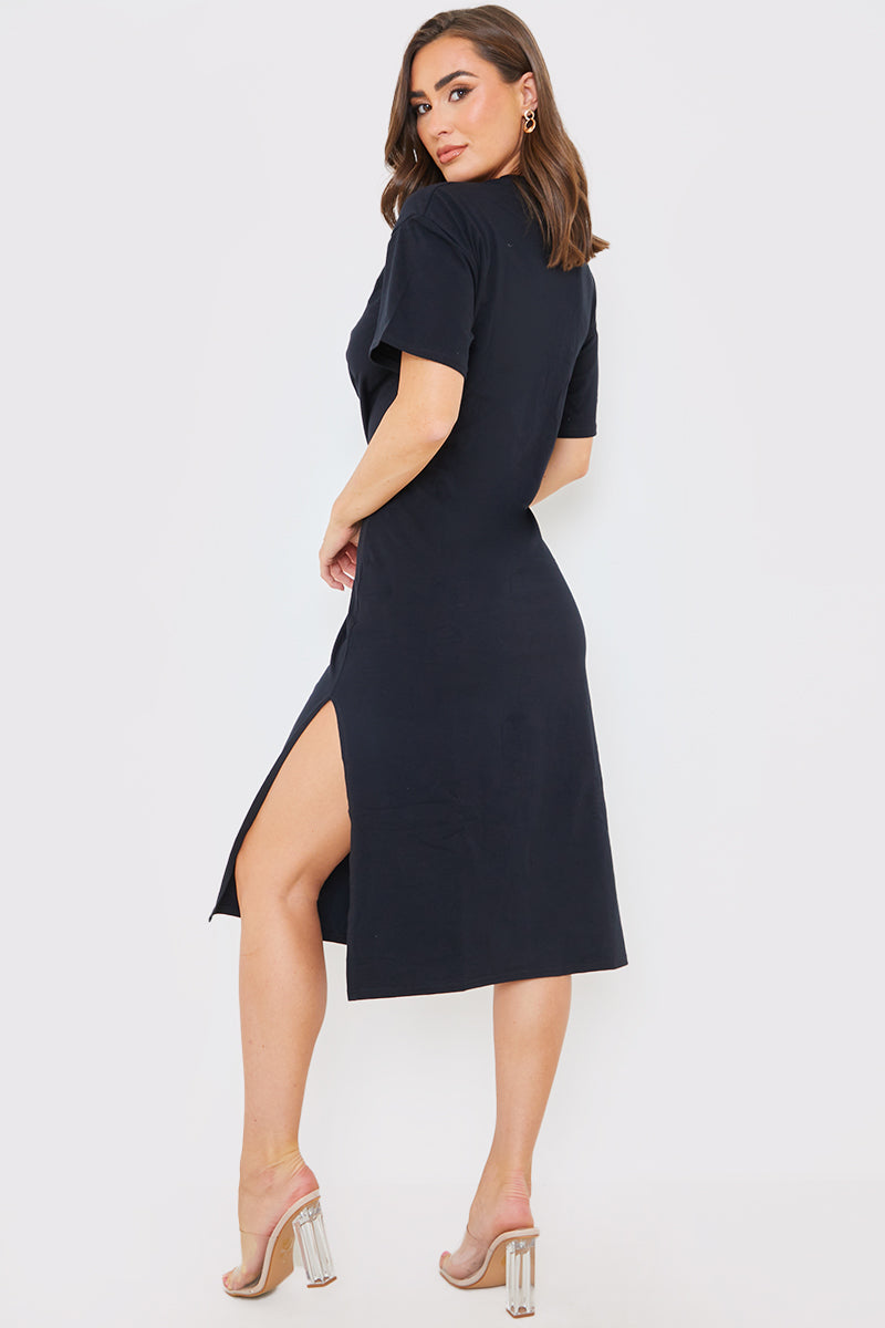 high slit t shirt dress Ace Scoop-Neck High-Slit Tee Dress - Black