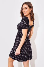 Polka Dot Shirred Bust Puff Sleeve Swing Dress