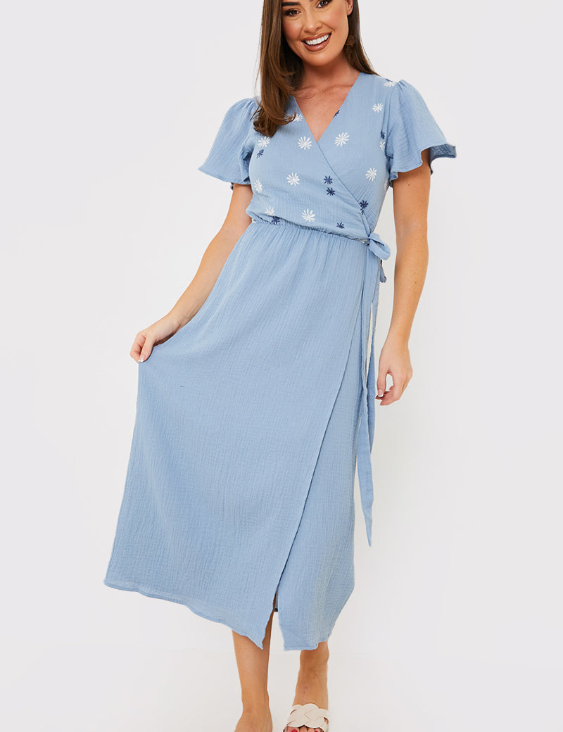 Floral Embroidered Wrap Midi Dress
