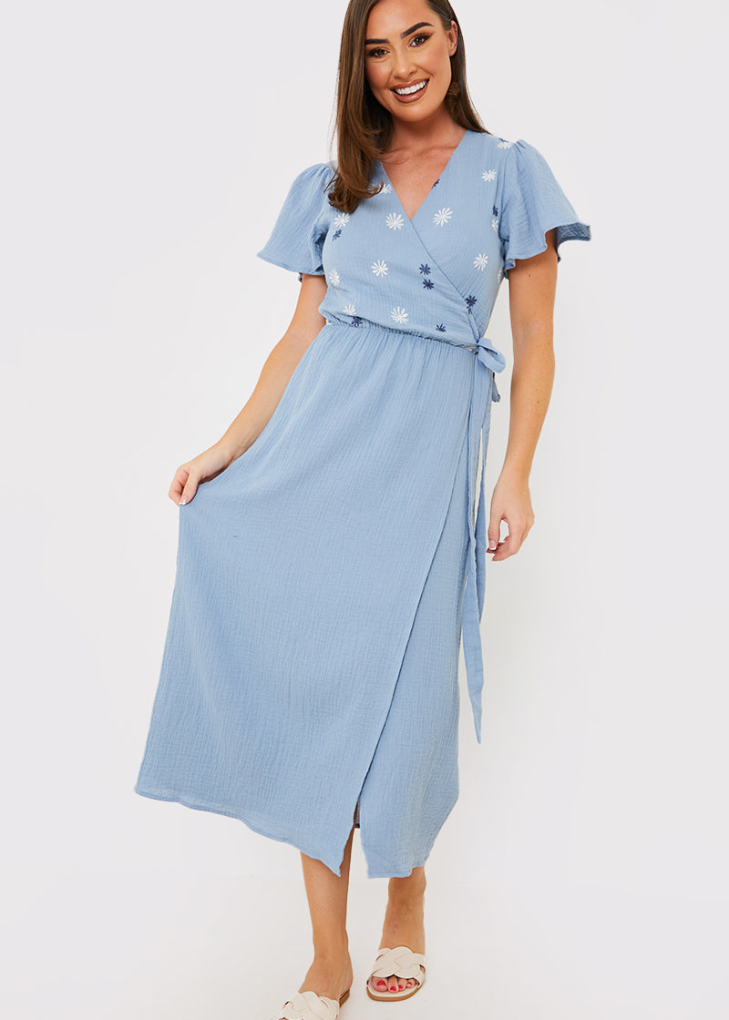 Floral Embroidered Wrap Midi Dress