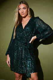 Sequin Wrap Balloon Sleeve Mini Dress