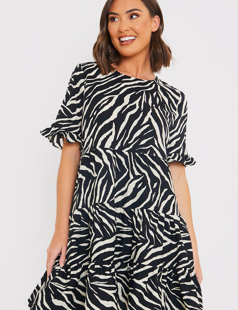 Zebra Smock Dress With Frill Sleeve