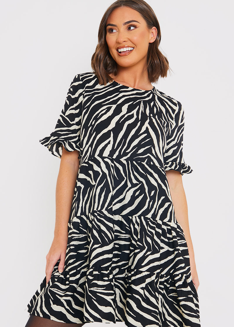 Zebra Smock Dress With Frill Sleeve