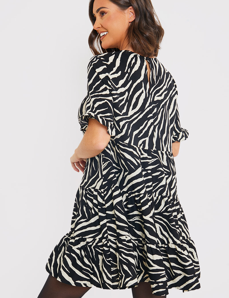 Zebra Smock Dress With Frill Sleeve