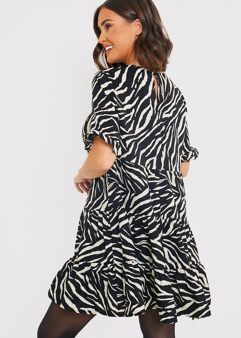 Zebra Smock Dress With Frill Sleeve