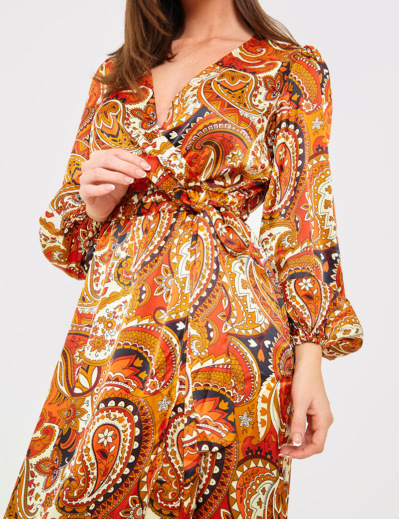 Plunge Balloon Sleeve Belted Midi Dress