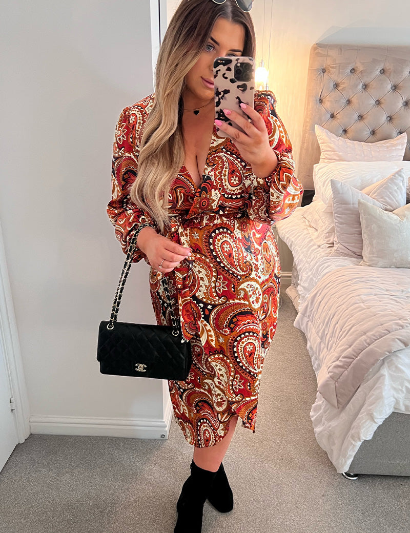 Plunge Balloon Sleeve Belted Midi Dress
