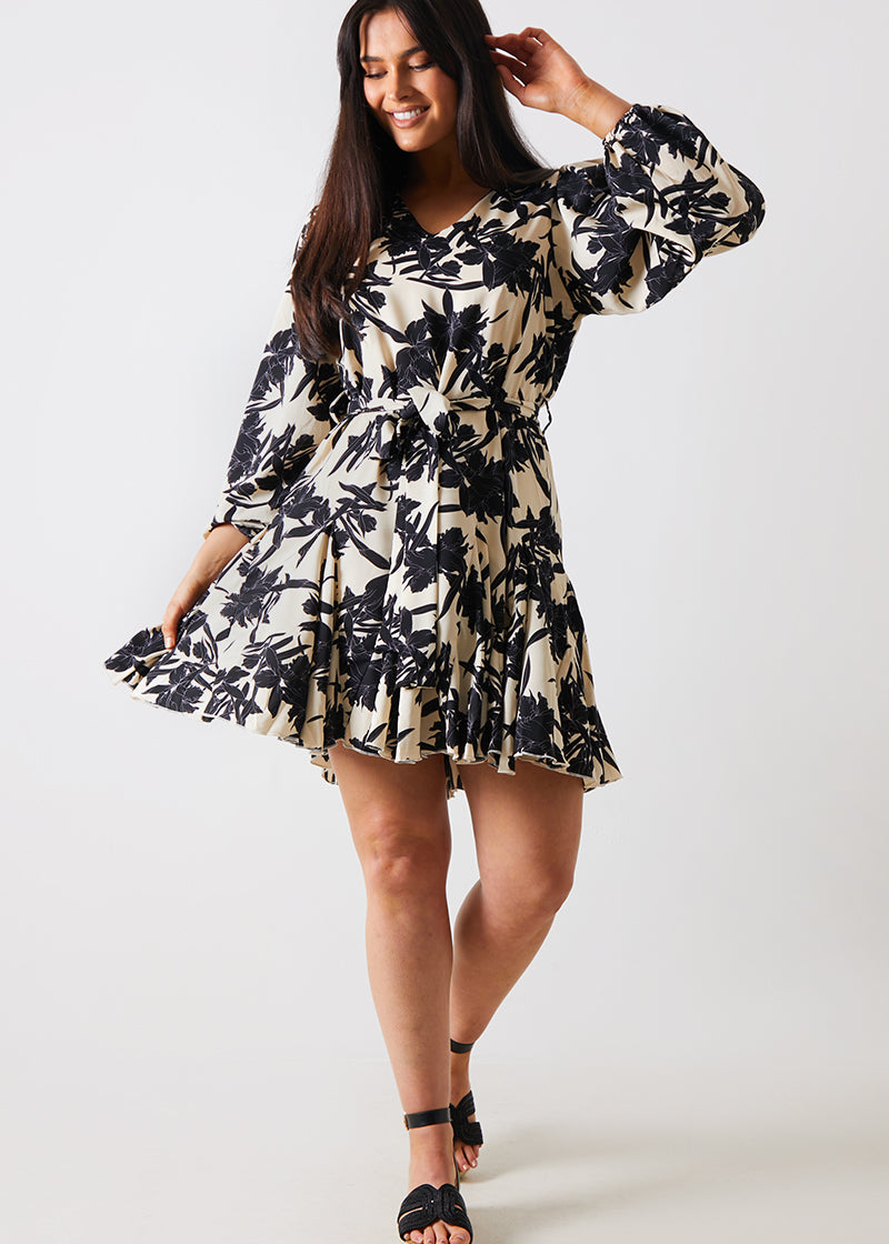V Neck Balloon Sleeve Godet Mini Dress