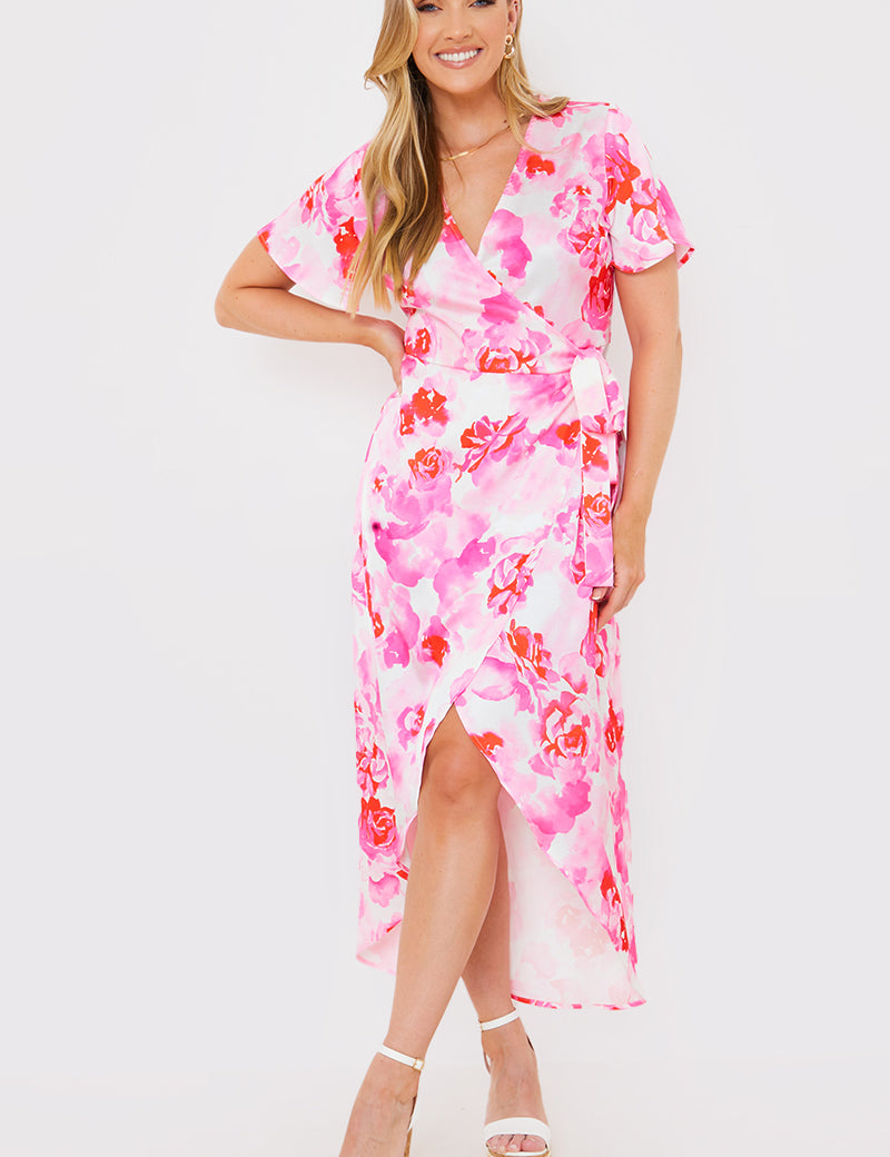 Short Sleeve Satin Wrap Belted Midaxi Dress