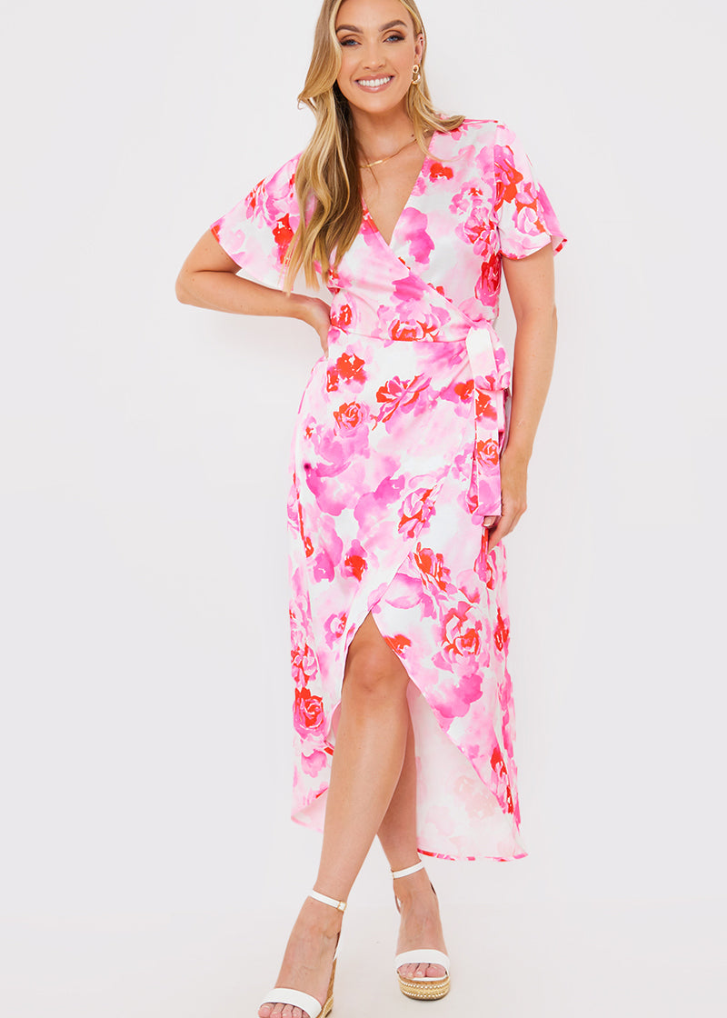 Short Sleeve Satin Wrap Belted Midaxi Dress