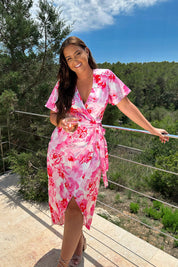 Short Sleeve Satin Wrap Belted Midaxi Dress