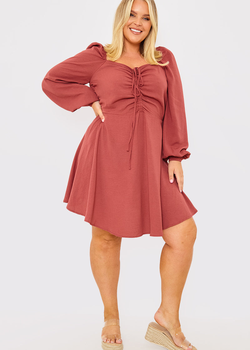Channel Front Ruched Balloon Sleeve Shift Dress