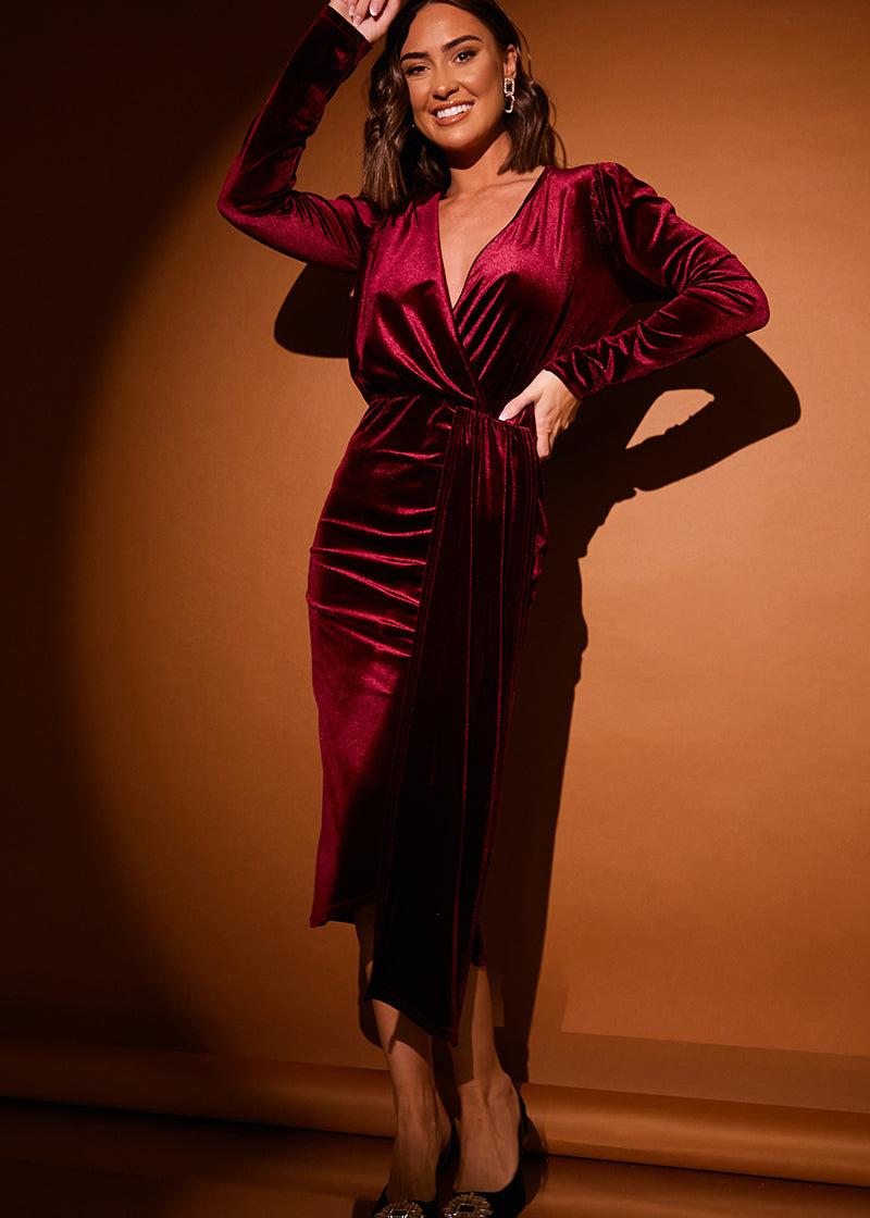 Velvet Wrap Front Drape Midi Dress