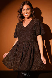 Black Stripe Lurex Flutter Sleeve Skater Dress