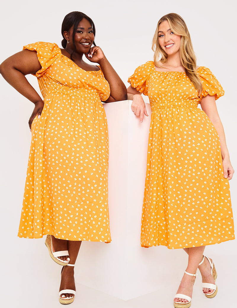 Ruched Bust Puff Sleeve Midi Dress With Shirred Waist