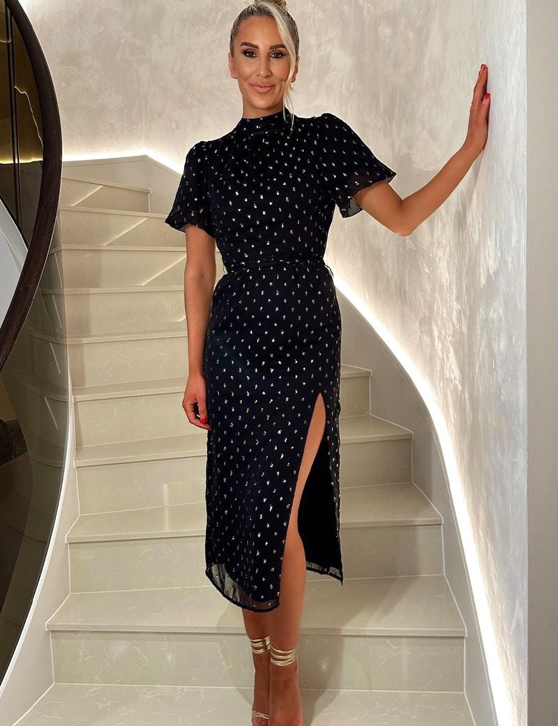 Metallic Polkadot Puff Sleeve Midi Dress