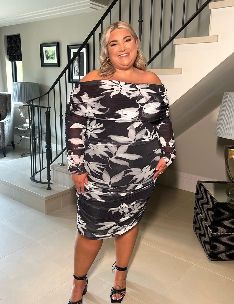 Floral Print Mesh Ruched Bardot Midi Dress