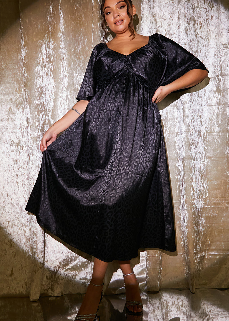Satin Jacquard Flutter Midi Dress