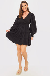 Crinkle Shirred Tiered Plunge Mini Dress