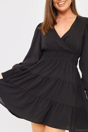 Crinkle Shirred Tiered Plunge Mini Dress