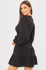 Crinkle Shirred Tiered Plunge Mini Dress