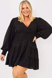 Crinkle Shirred Tiered Plunge Mini Dress