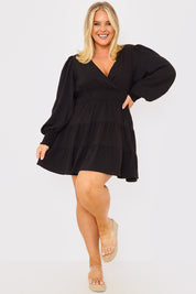 Crinkle Shirred Tiered Plunge Mini Dress